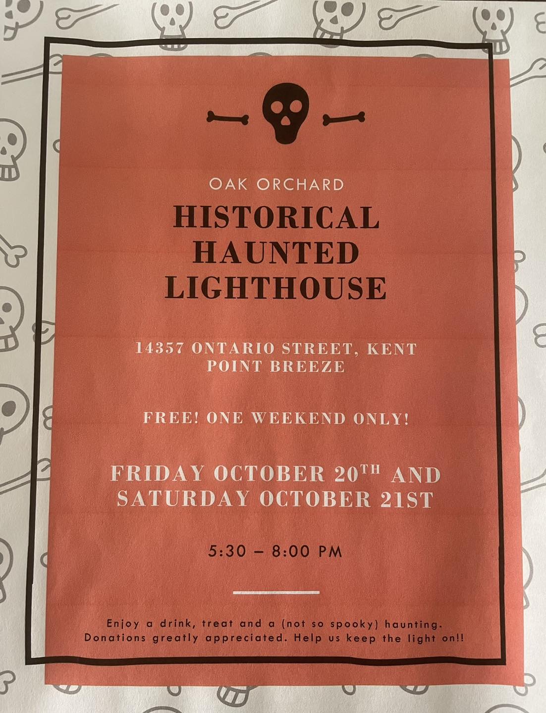 The Oak Orchard Lighthouse Museum turns into an Historical Haunted Lighthouse on the evenings of Friday and Saturday, October 20-21, 2023. Enjoy a drink, treat and a not-too-spooky, but haunting performance.